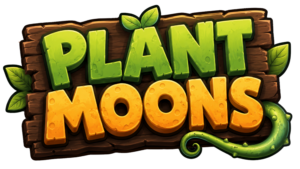 Holzschild umschlungen von pflanzen mit dem Logo von Plantmoons drauf